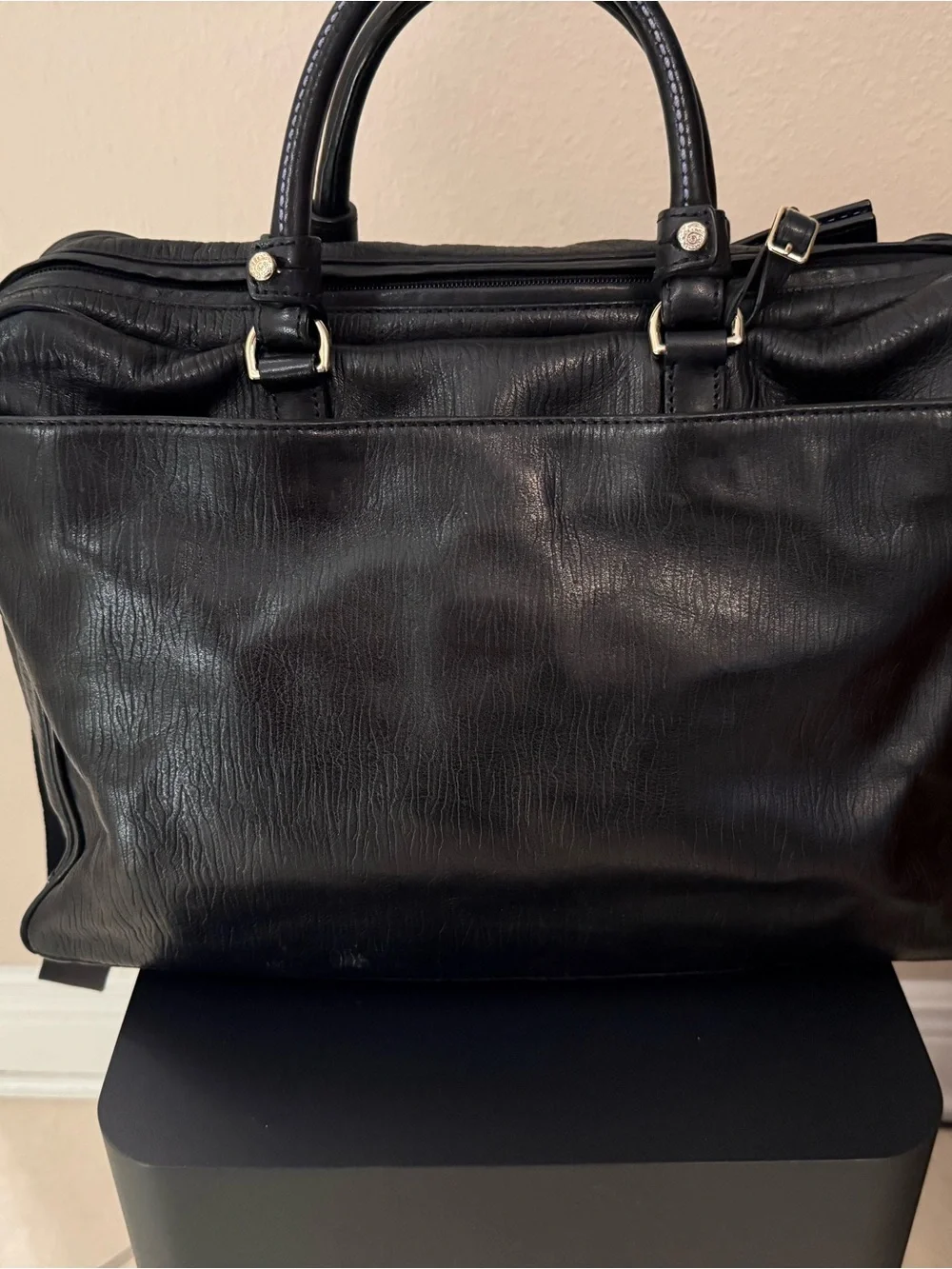 Tumi Carlos Falchi Black/Blue Leather Laptop Briefcase with Dual Front Pockets
